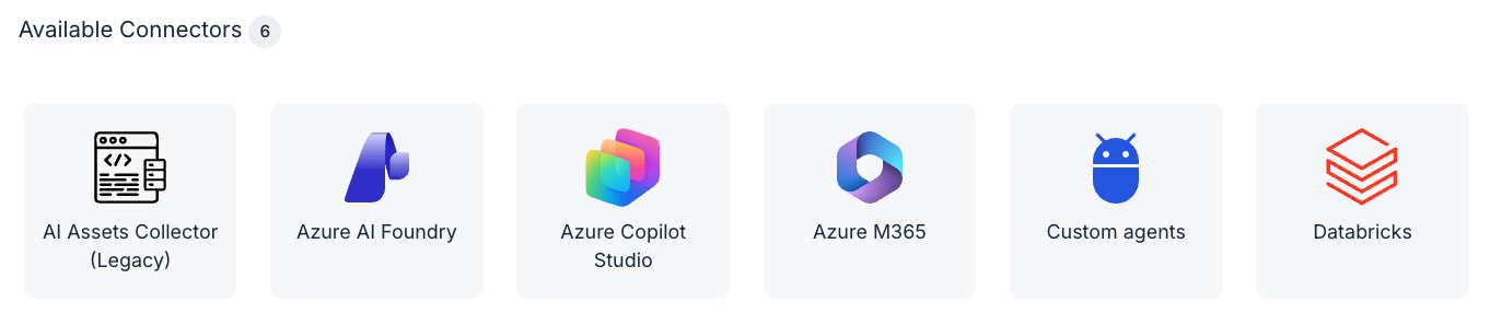 The Available Connectors tiles: AI Assets Collector (Legacy), Azure AI Foundry, Azure Copilot Studio, Azure M365, Custom agents and Databricks