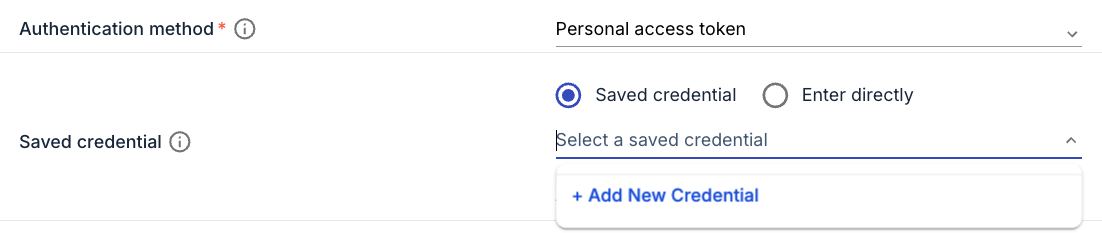A Databricks section with Saved credential chosen and its list open, showing + Add New Credential