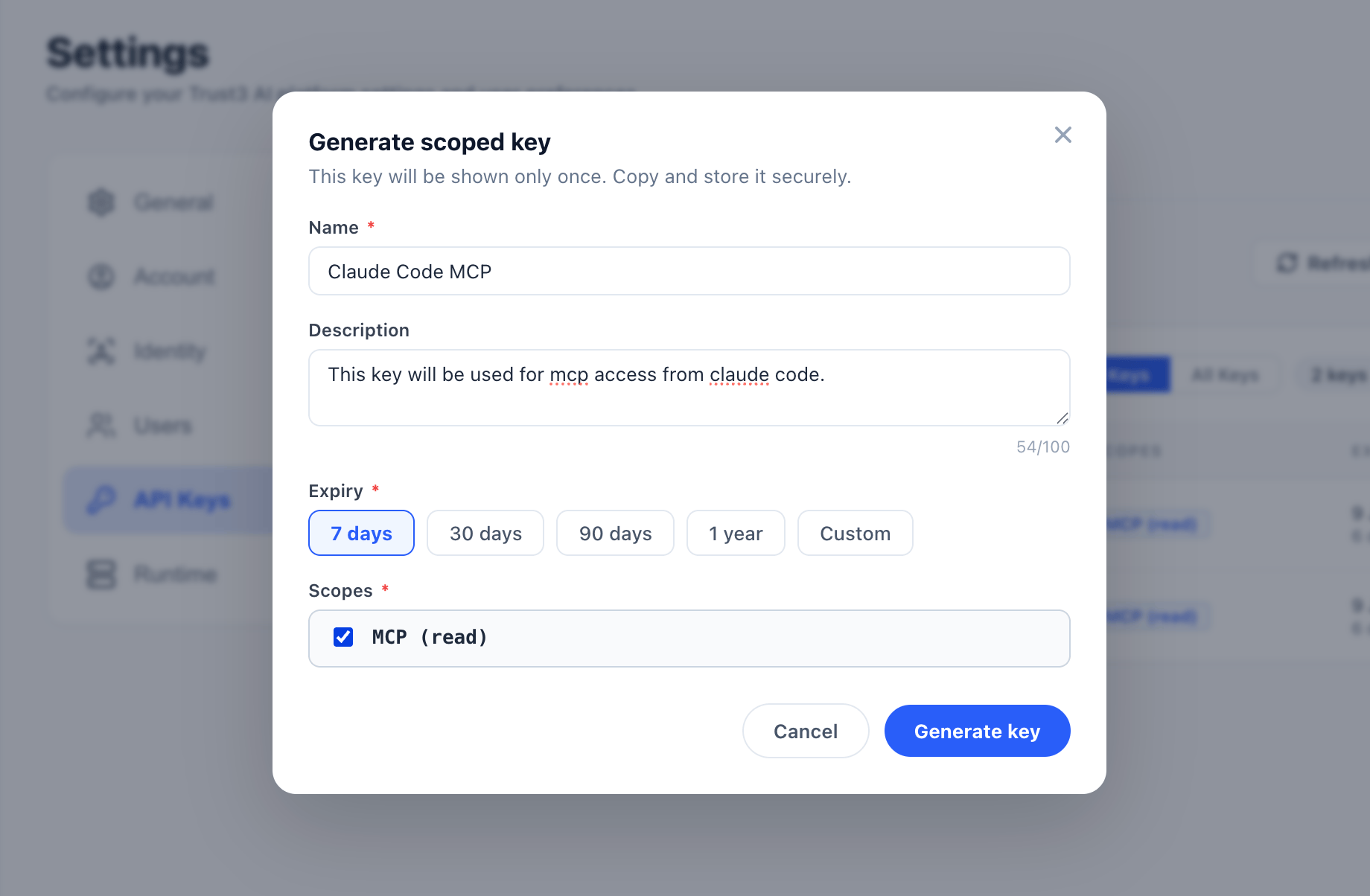 Generate MCP scoped API key dialog