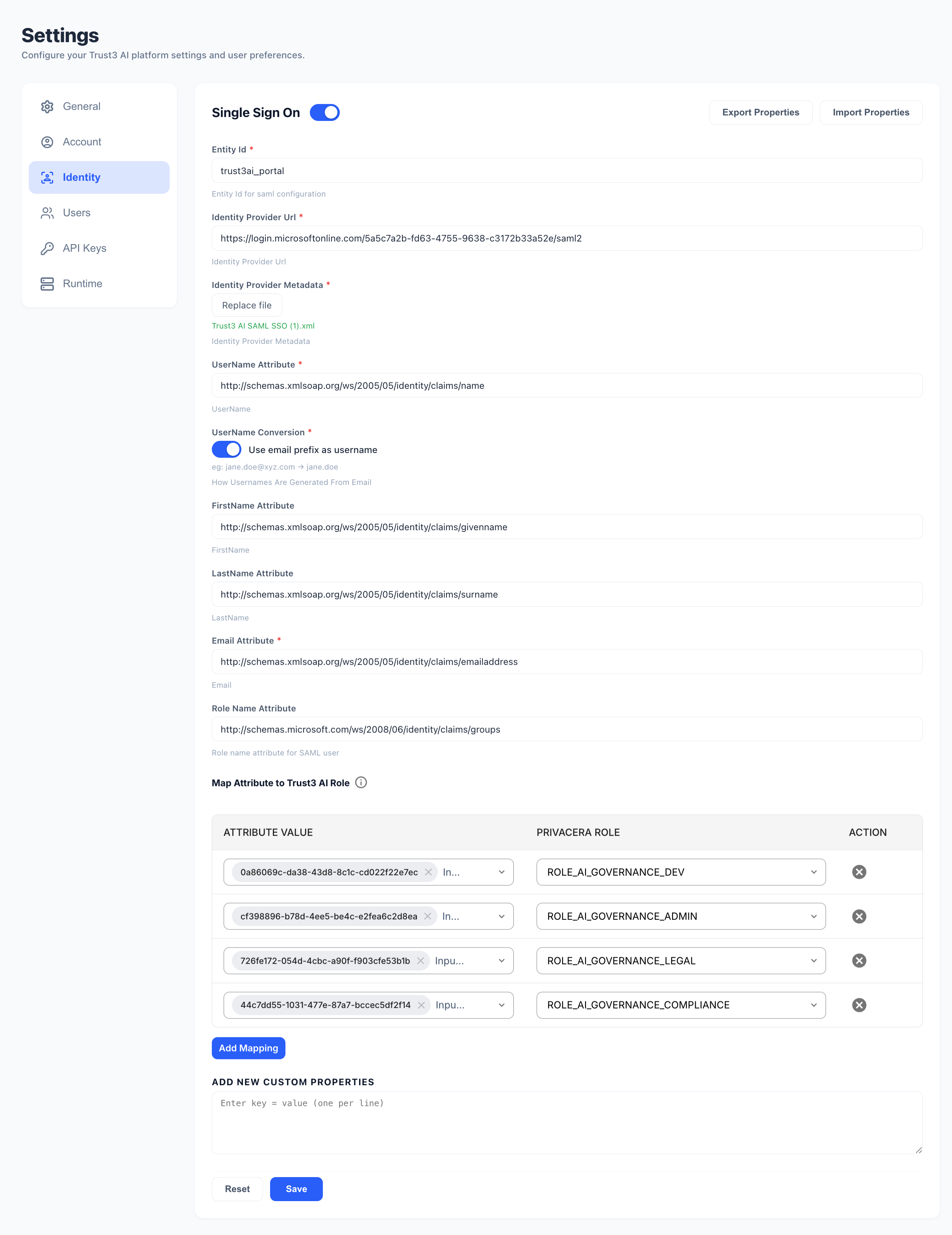 Trust3 AI portal SSO settings