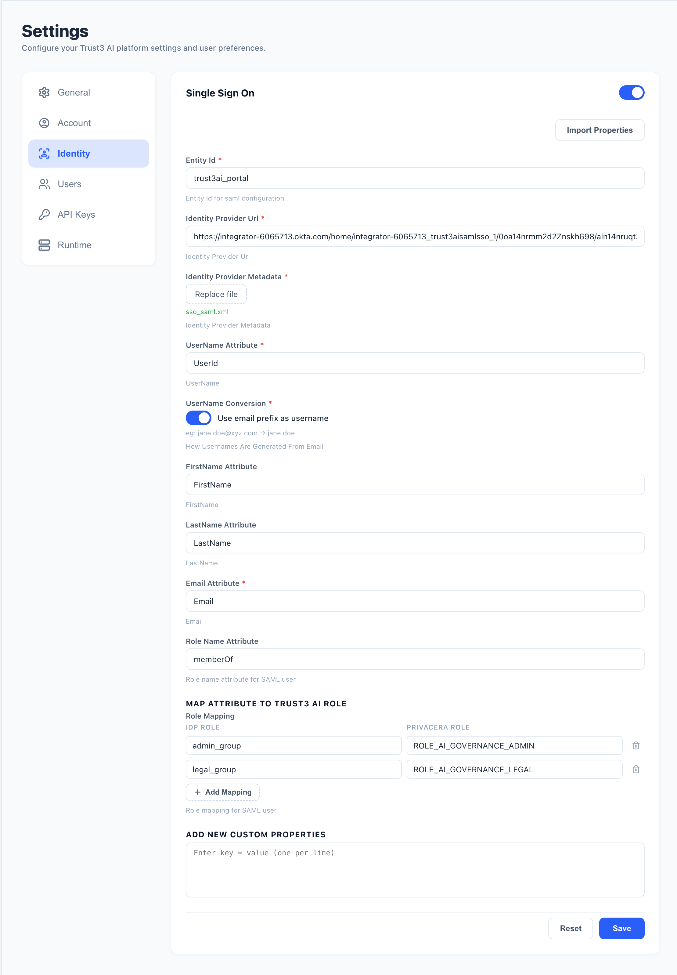 Trust3 AI portal SSO settings