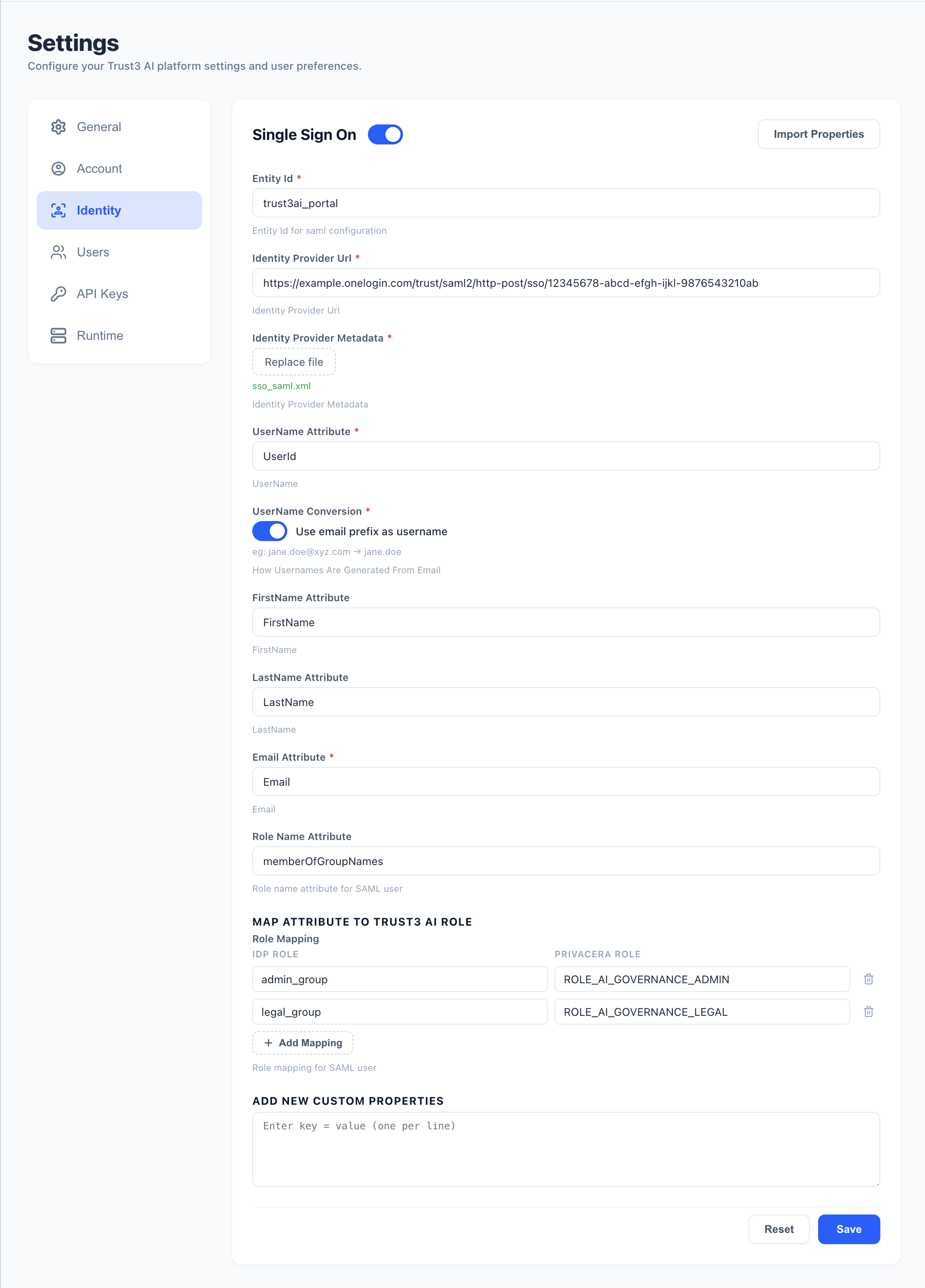 Trust3 AI portal SSO settings