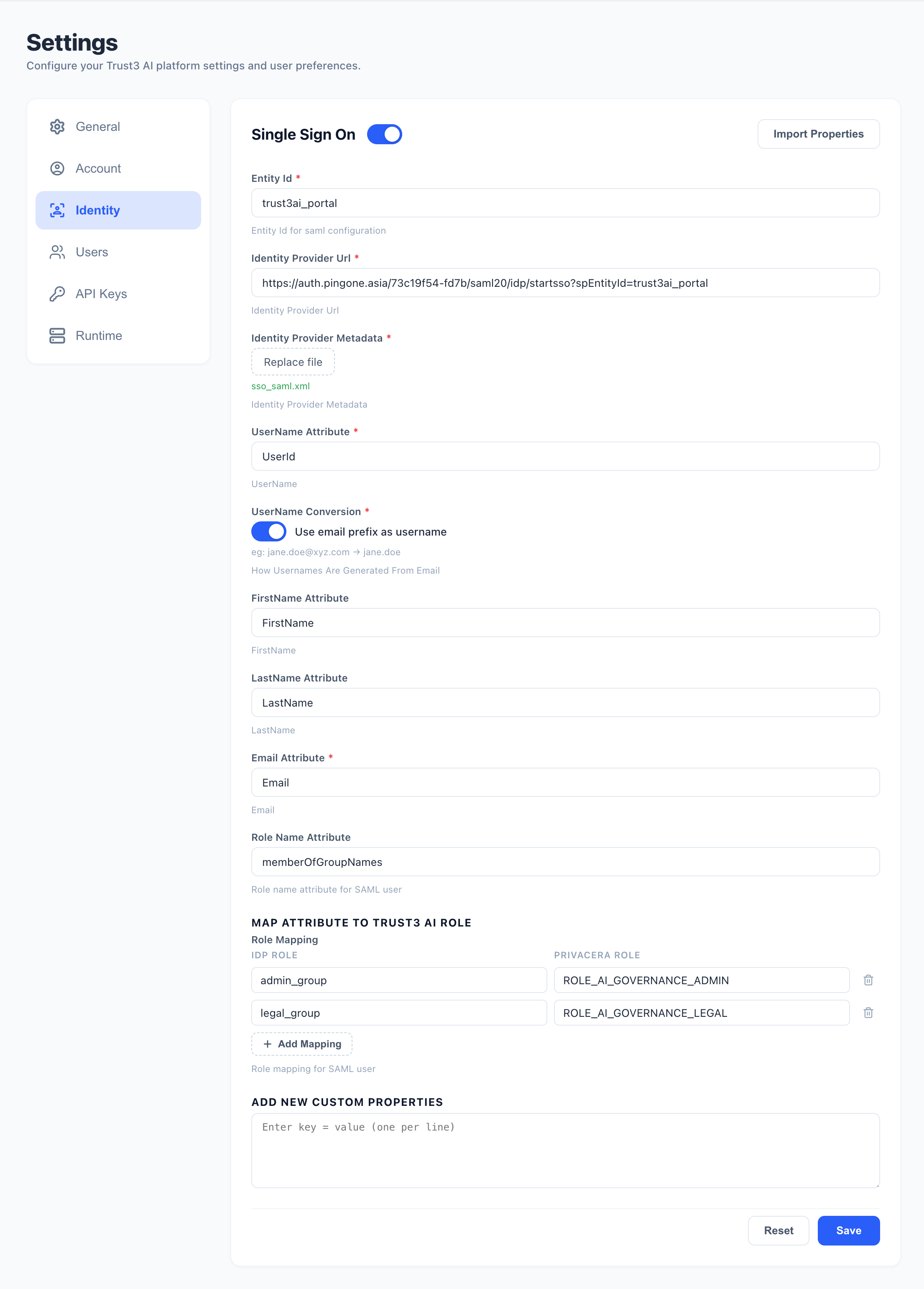 Trust3 AI portal SSO settings